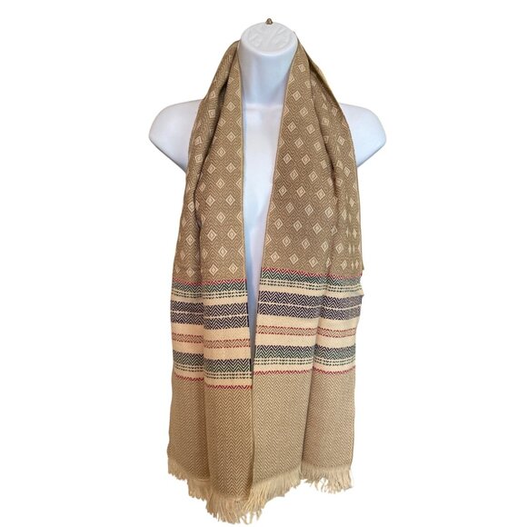 Boho Tribal Unisex Tan Rectangle Scarf Fringe Geometric Southwestern Style - Picture 1 of 6
